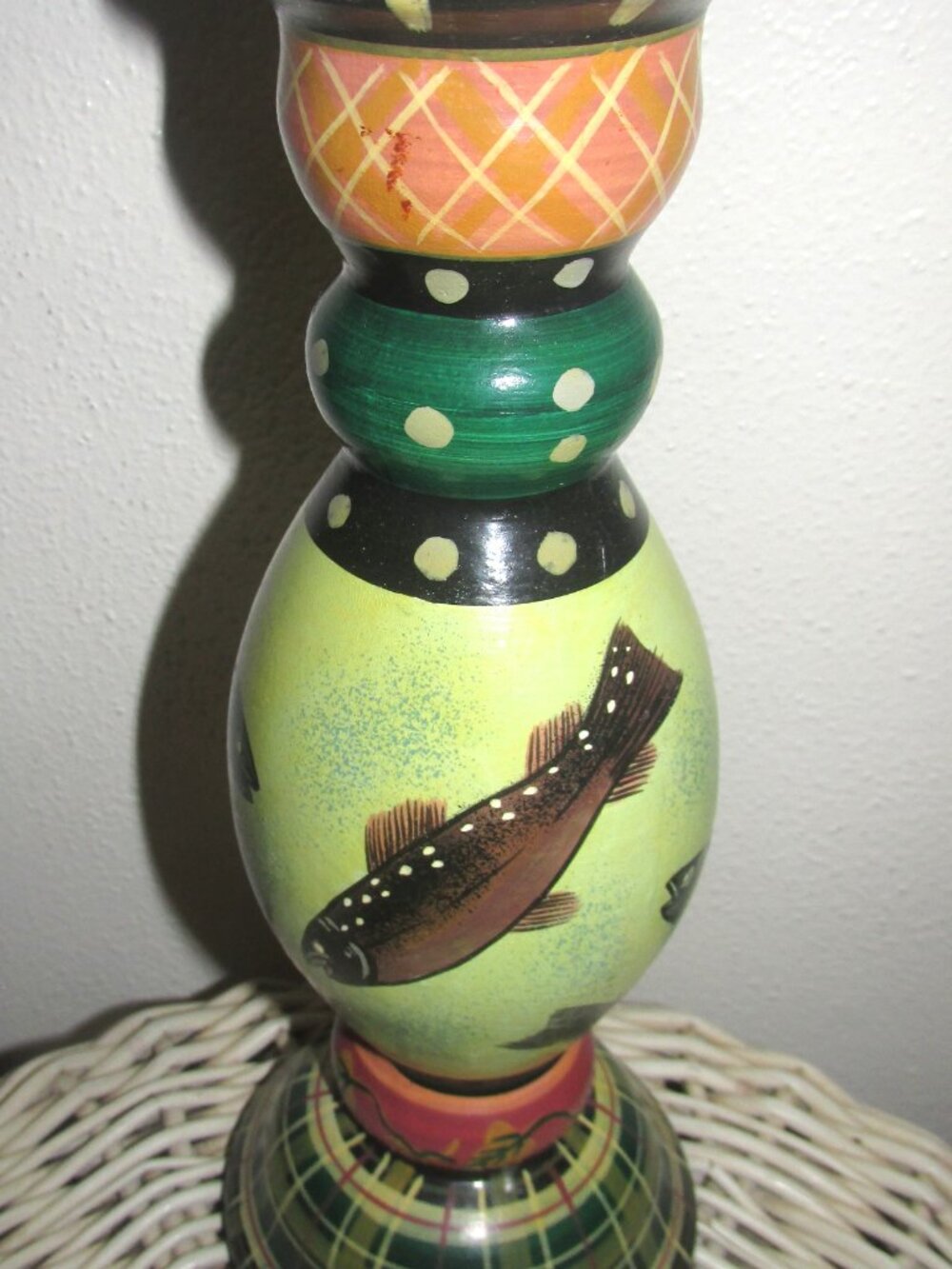 Hand Painted Pillar Candle Holder with Fish Plaid and Polka Dots